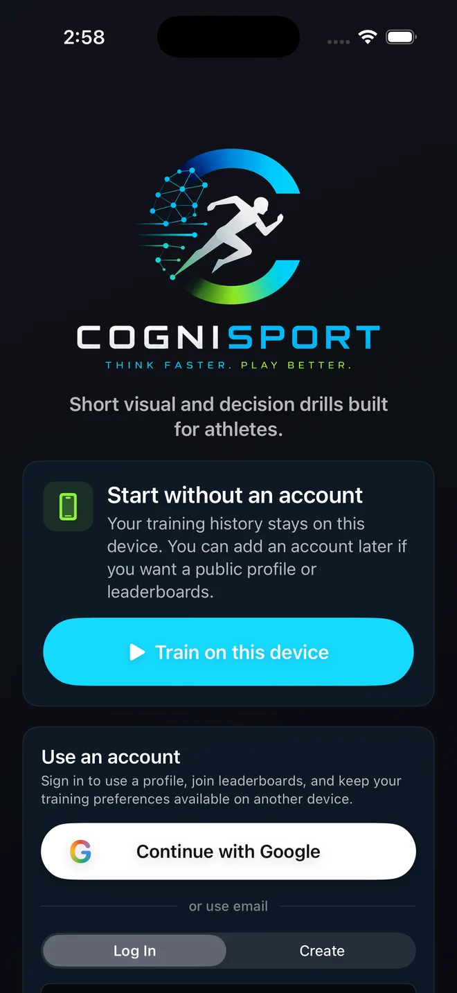 CogniSport screen offering training without an account or optional sign-in